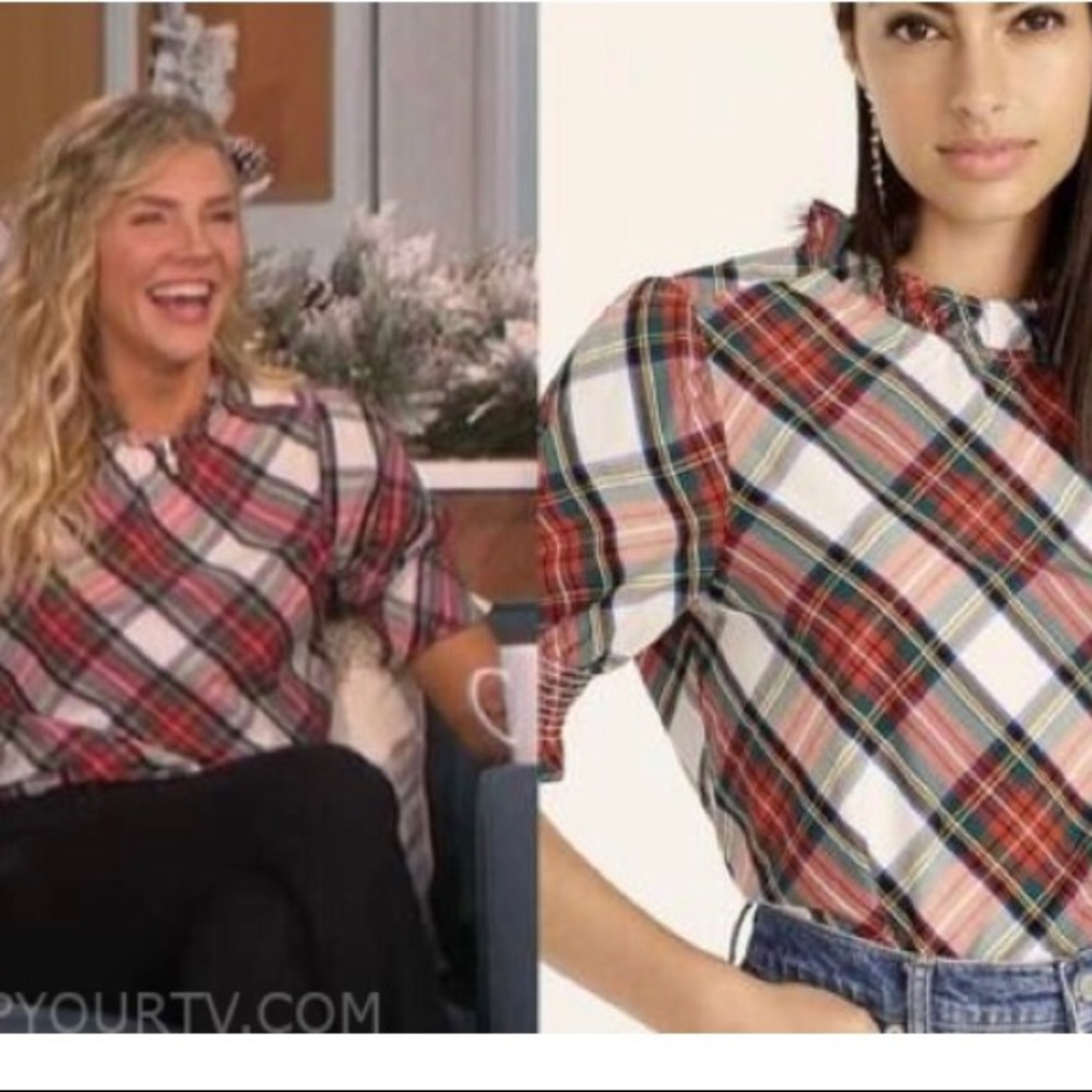NWT J. Crew smocked puff sleeve tartan blouse